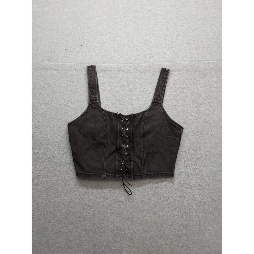 Wild Fable Women Denim Crop Top M Black Square Neck Back Zip Lace Up Logo Casual